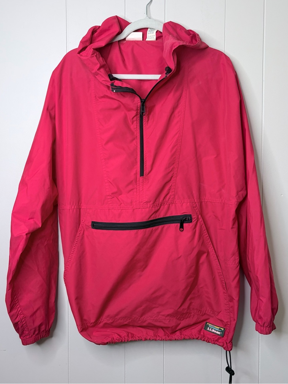 LL Bean Vintage Anorak Hooded Pullover Rain Jacket Red Logo Patch Unisex Large